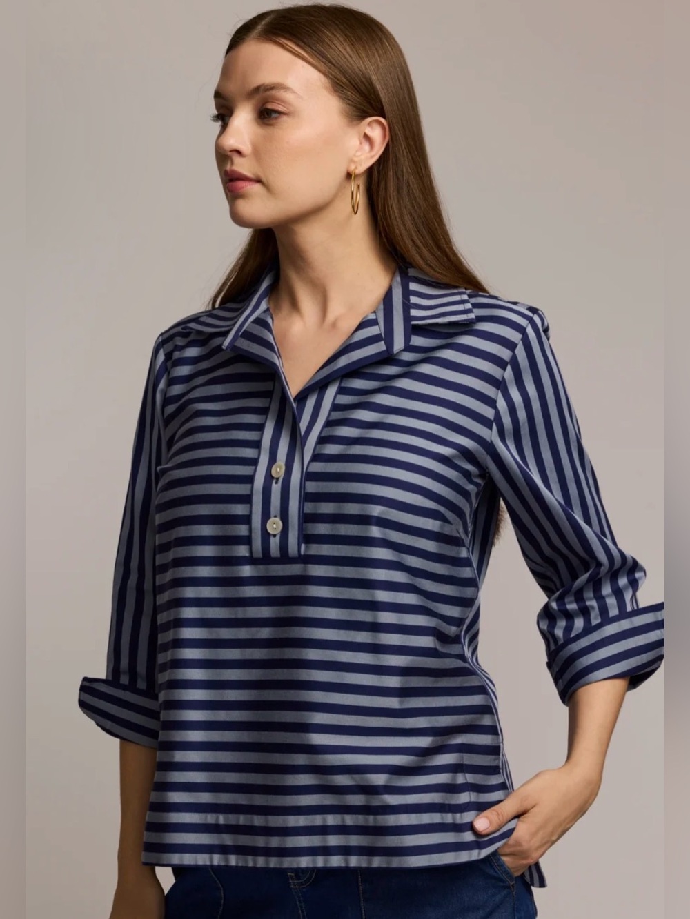 Hinson Wu Aileen 3/4 Sleeve Classic Stripe Shirt in French Grey/ Midnight Size 1